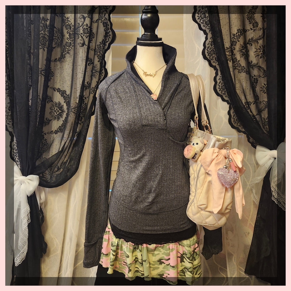 Gray Long Sleeve Top with Pink and Green Camo Skirt